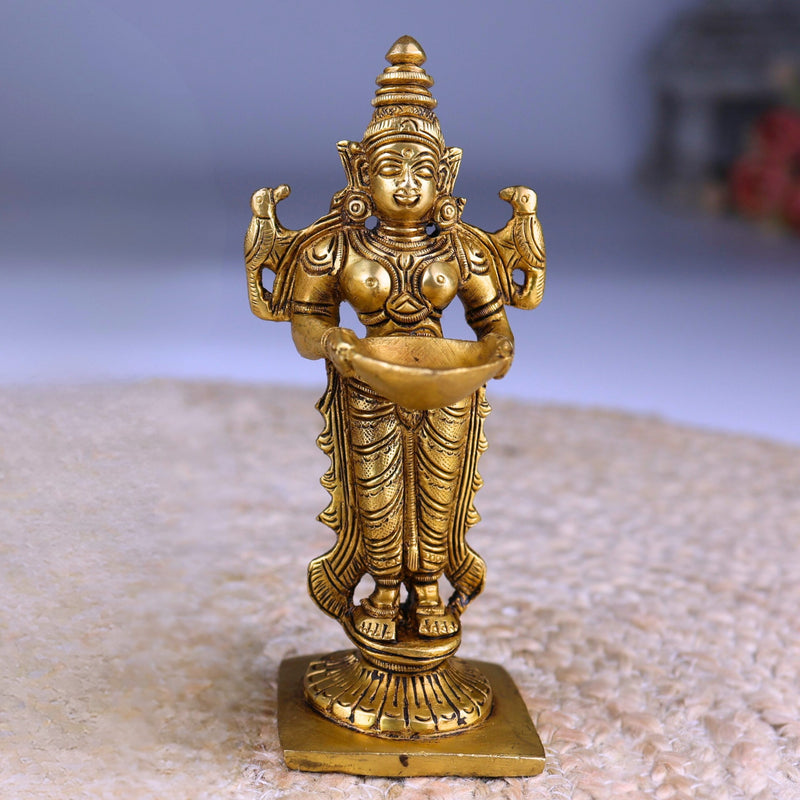 Brass Deep Lakshmi Idol, Standing Lakshmi with Lamps, Deeplakshmi Diya Lady Statue, Deepa Laxmi Figurine for Pooja and Decor, Gold, 6 Inch, 1 Piece