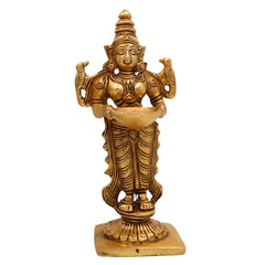 Brass Deep Lakshmi Idol, Standing Lakshmi with Lamps, Deeplakshmi Diya Lady Statue, Deepa Laxmi Figurine for Pooja and Decor, Gold, 6 Inch, 1 Piece