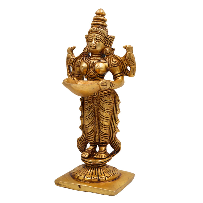 Brass Deep Lakshmi Idol, Standing Lakshmi with Lamps, Deeplakshmi Diya Lady Statue, Deepa Laxmi Figurine for Pooja and Decor, Gold, 6 Inch, 1 Piece
