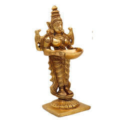 Brass Deep Lakshmi Idol, Standing Lakshmi with Lamps, Deeplakshmi Diya Lady Statue, Deepa Laxmi Figurine for Pooja and Decor, Gold, 6 Inch, 1 Piece
