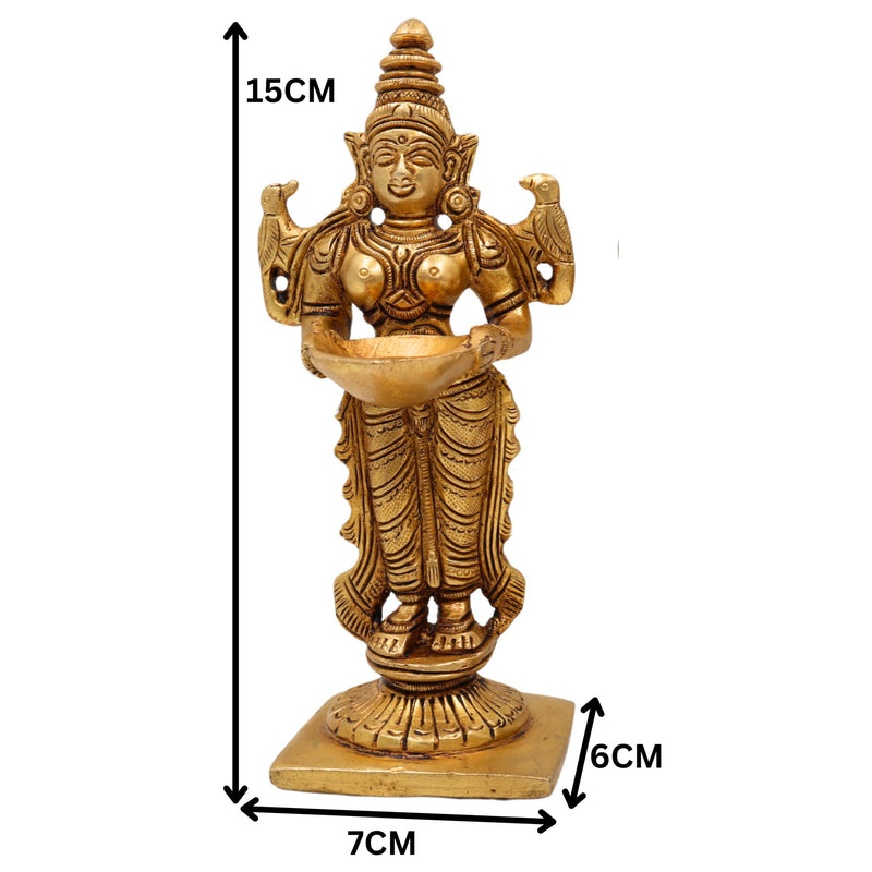 Brass Deep Lakshmi Idol, Standing Lakshmi with Lamps, Deeplakshmi Diya Lady Statue, Deepa Laxmi Figurine for Pooja and Decor, Gold, 6 Inch, 1 Piece