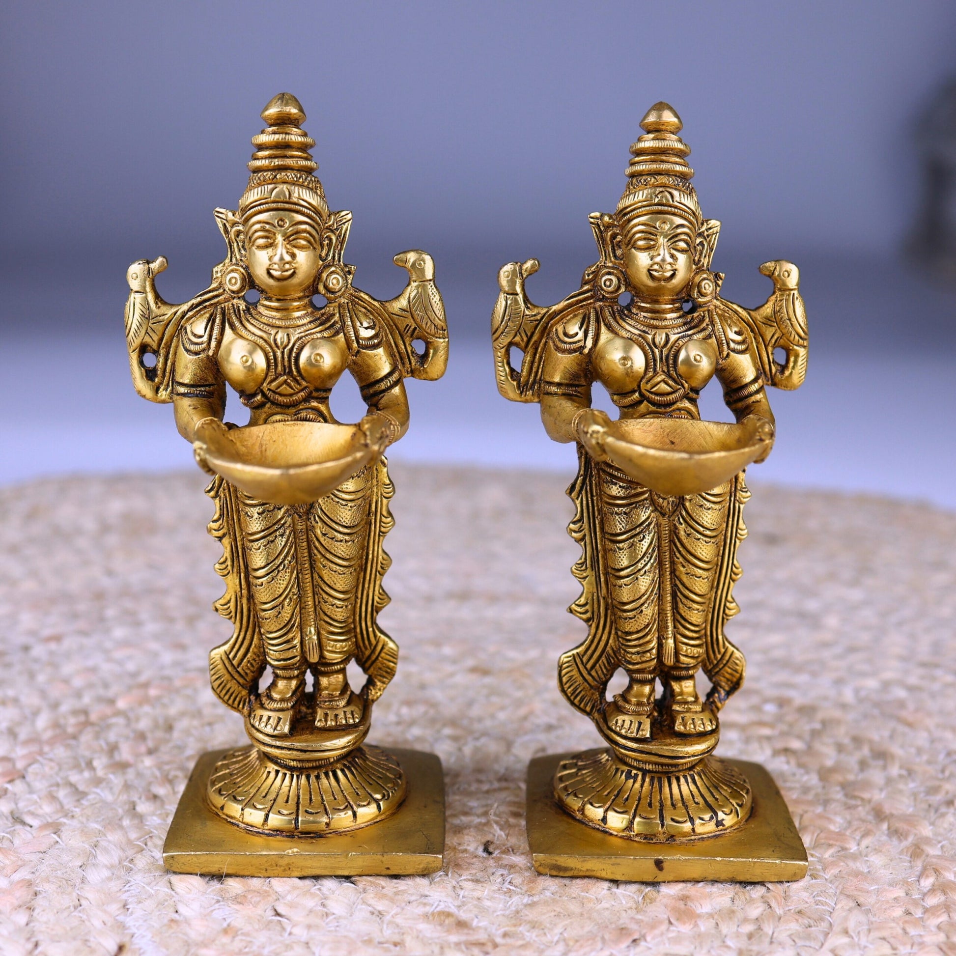 Brass Deep Lakshmi Idol, Standing Lakshmi with Lamps, Deeplakshmi Diya Lady Statue, Deepa Laxmi Figurine for Pooja and Decor, Gold, 6 Inch, 2 Piece
