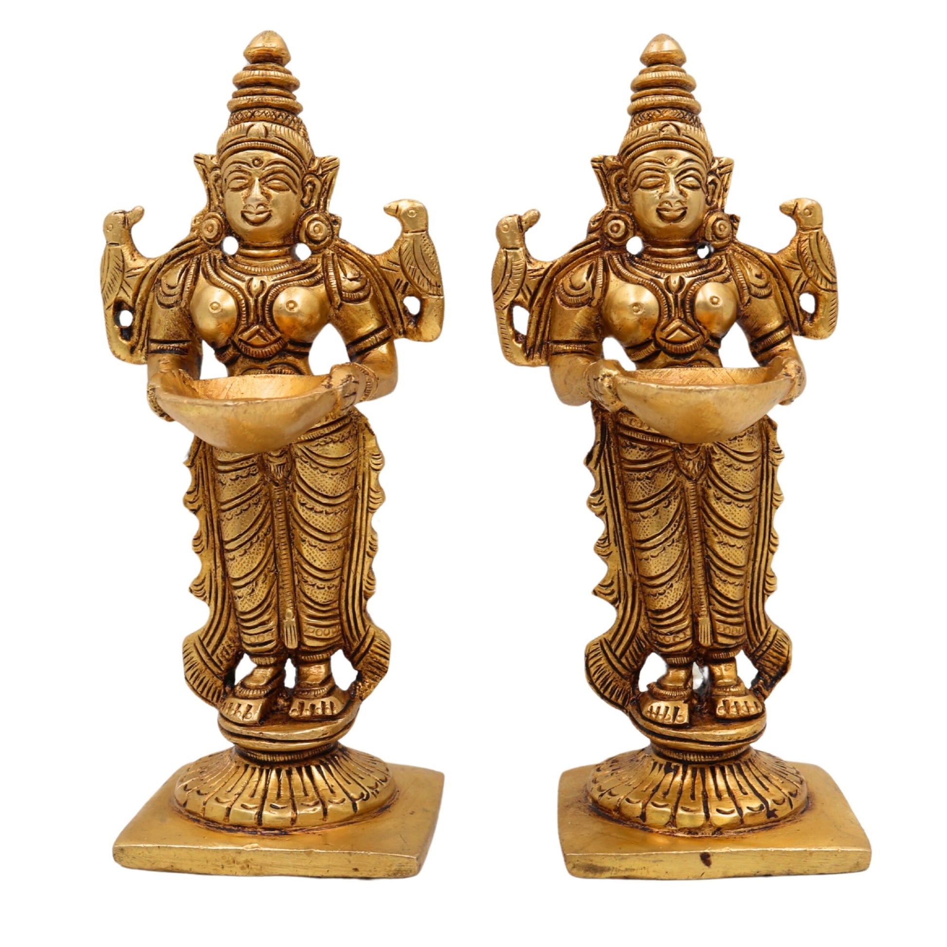 Brass Deep Lakshmi Idol, Standing Lakshmi with Lamps, Deeplakshmi Diya Lady Statue, Deepa Laxmi Figurine for Pooja and Decor, Gold, 6 Inch, 2 Piece