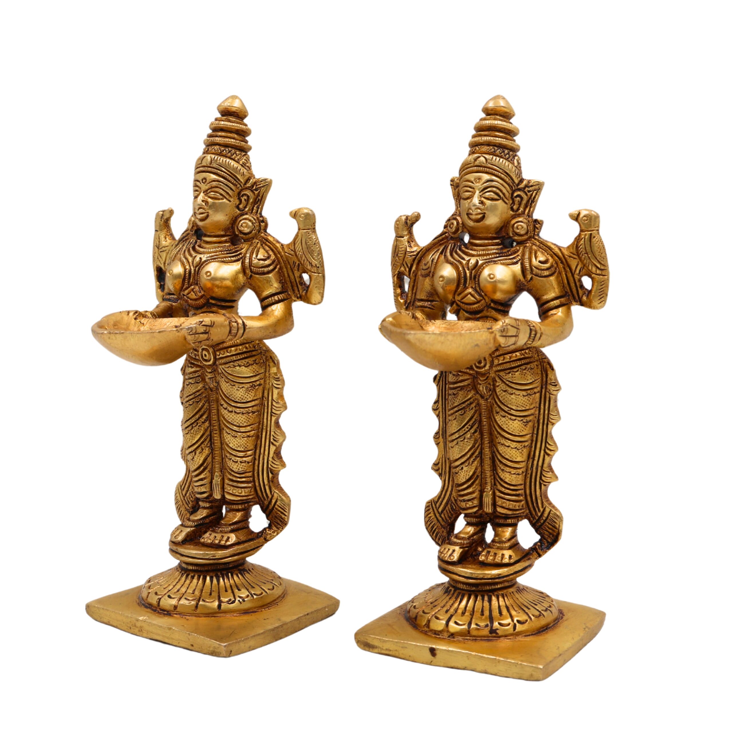 Brass Deep Lakshmi Idol, Standing Lakshmi with Lamps, Deeplakshmi Diya Lady Statue, Deepa Laxmi Figurine for Pooja and Decor, Gold, 6 Inch, 2 Piece
