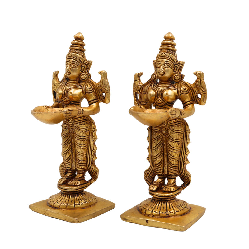 Brass Deep Lakshmi Idol, Standing Lakshmi with Lamps, Deeplakshmi Diya Lady Statue, Deepa Laxmi Figurine for Pooja and Decor, Gold, 6 Inch, 2 Piece