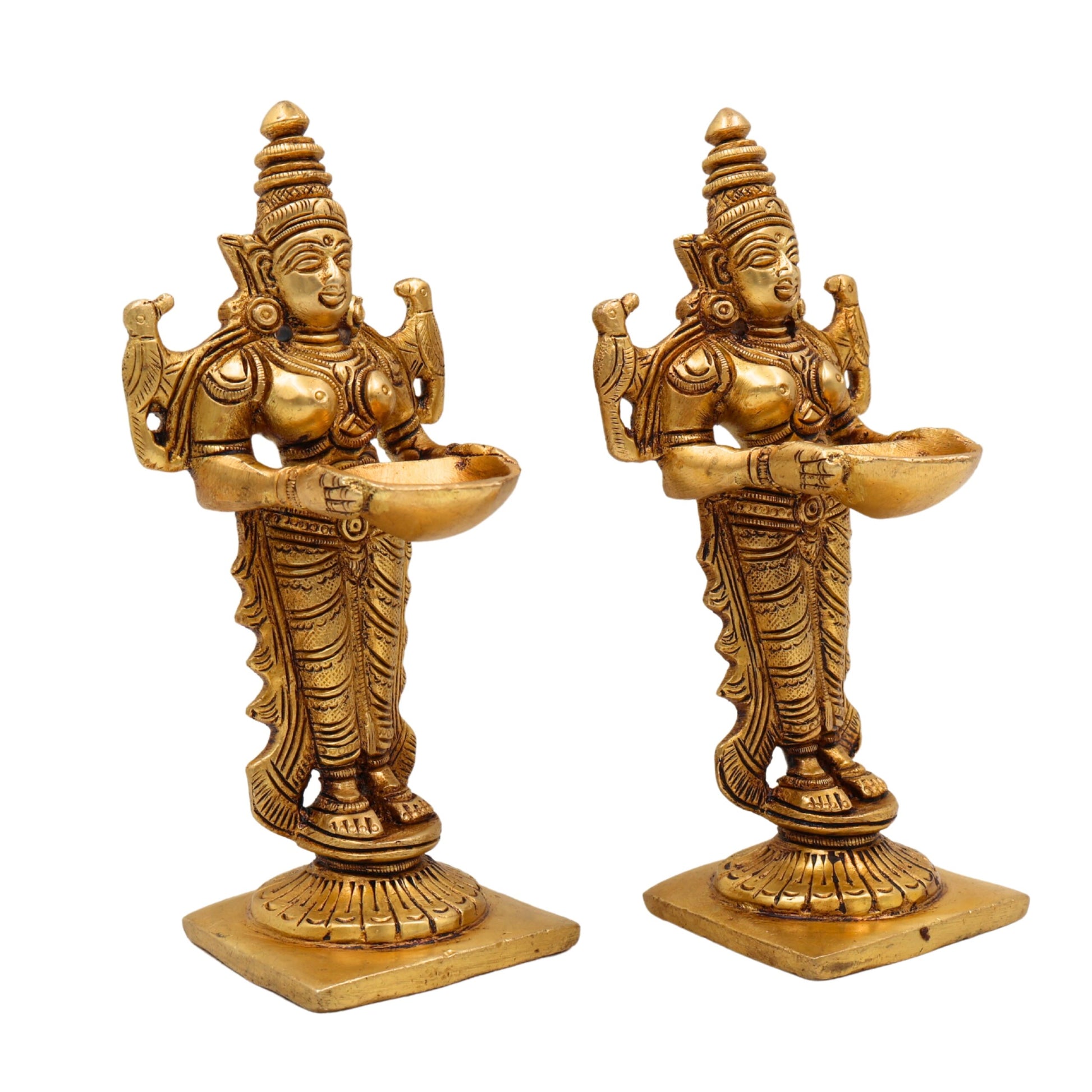 Brass Deep Lakshmi Idol, Standing Lakshmi with Lamps, Deeplakshmi Diya Lady Statue, Deepa Laxmi Figurine for Pooja and Decor, Gold, 6 Inch, 2 Piece