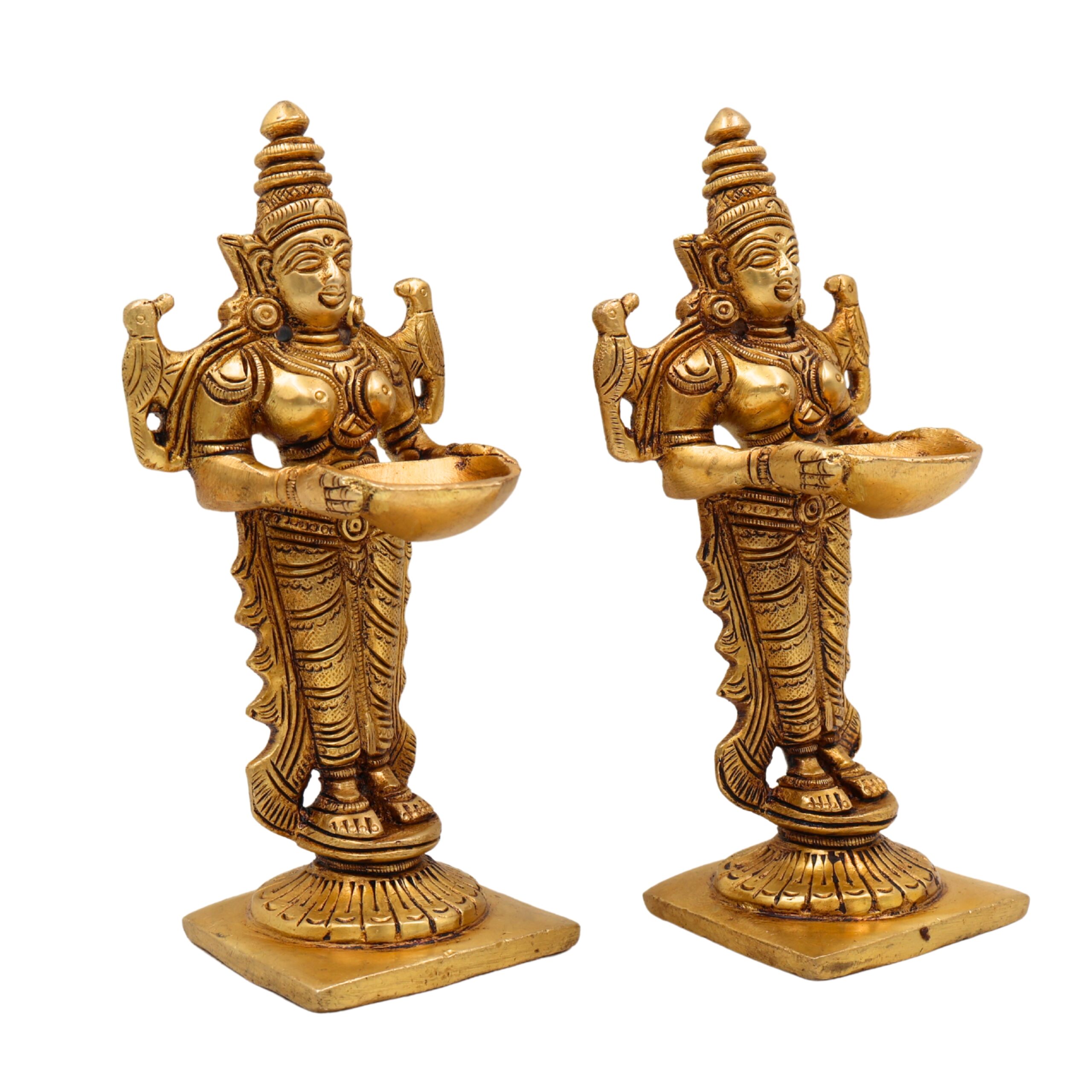 Brass Deep Lakshmi Idol, Standing Lakshmi with Lamps, Deeplakshmi Diya Lady Statue, Deepa Laxmi Figurine for Pooja and Decor, Gold, 6 Inch, 2 Piece