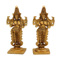 Brass Deep Lakshmi Idol, Standing Lakshmi with Lamps, Deeplakshmi Diya Lady Statue, Deepa Laxmi Figurine for Pooja and Decor, Gold, 6 Inch, 2 Piece