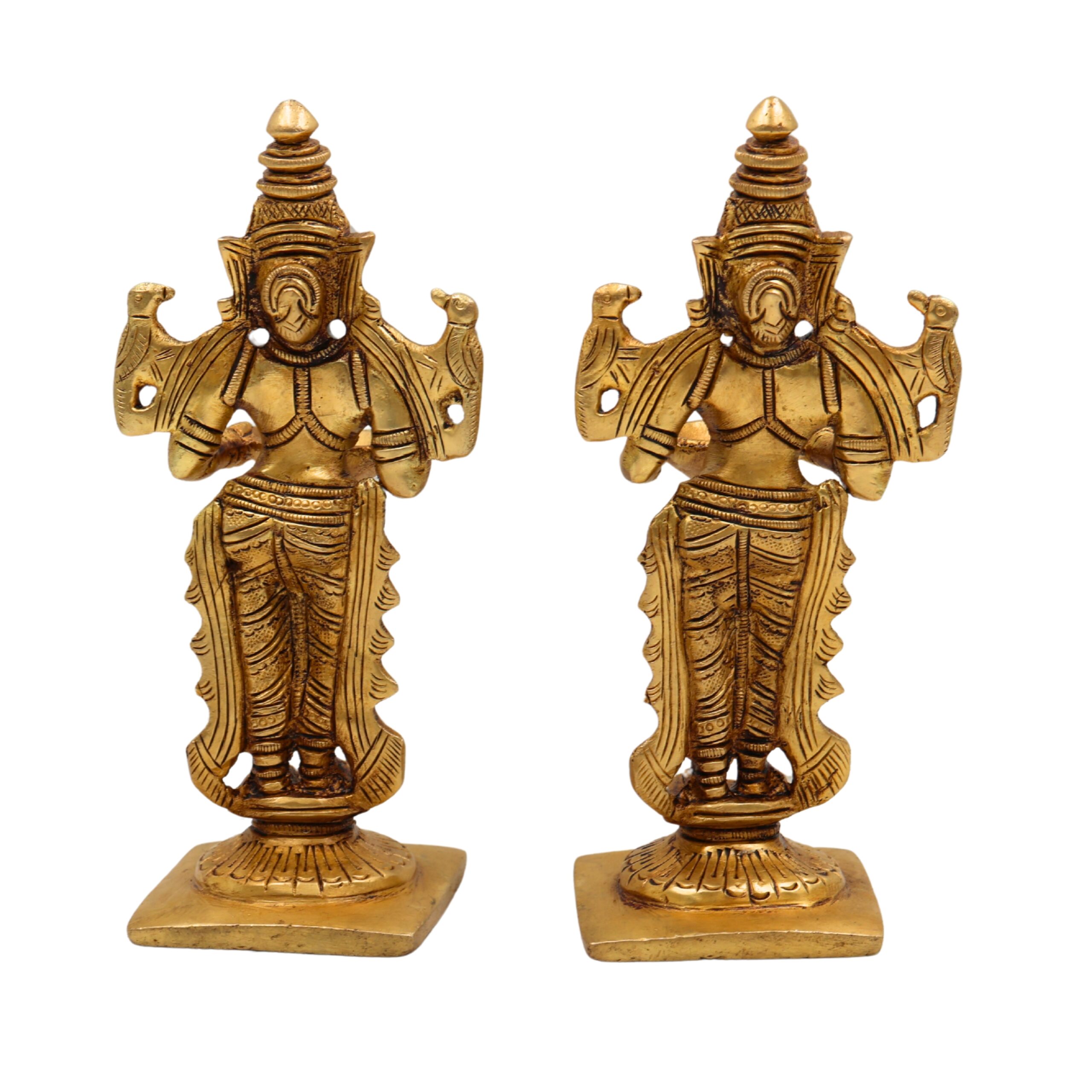 Brass Deep Lakshmi Idol, Standing Lakshmi with Lamps, Deeplakshmi Diya Lady Statue, Deepa Laxmi Figurine for Pooja and Decor, Gold, 6 Inch, 2 Piece