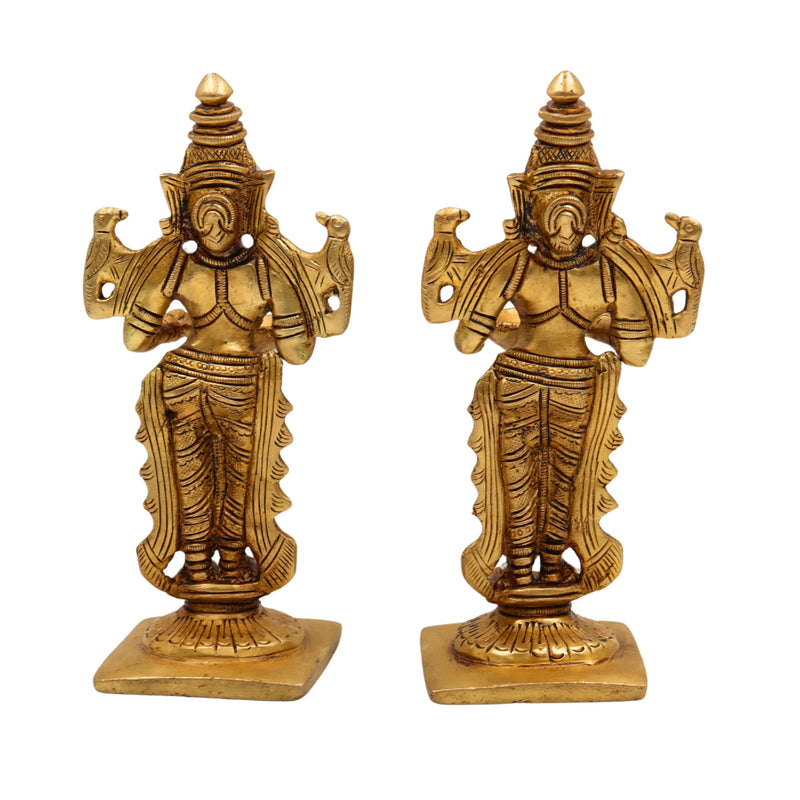 Brass Deep Lakshmi Idol, Standing Lakshmi with Lamps, Deeplakshmi Diya Lady Statue, Deepa Laxmi Figurine for Pooja and Decor, Gold, 6 Inch, 2 Piece