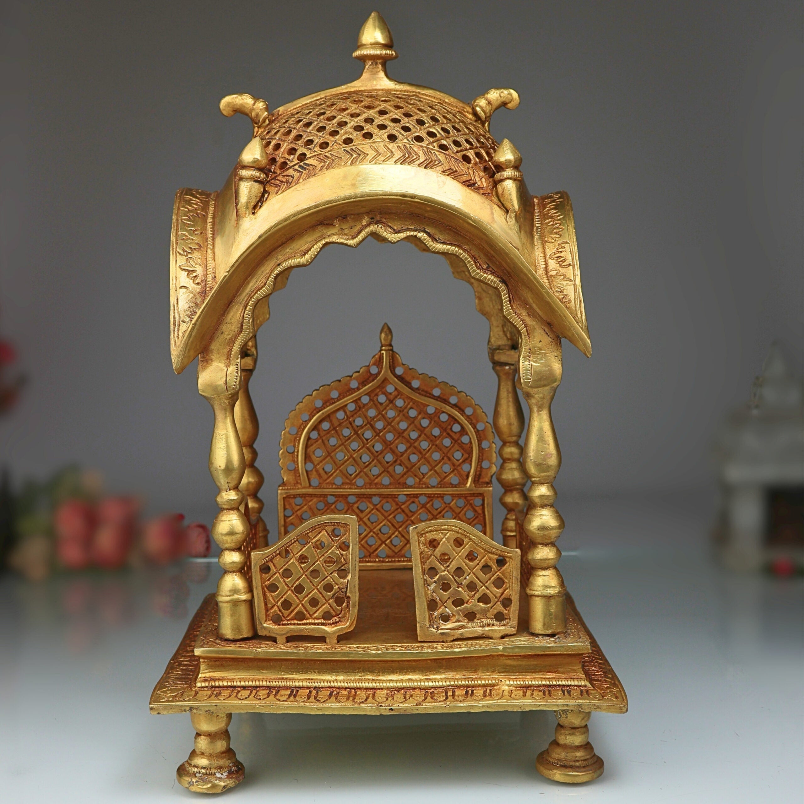 Brass Temple Pooja Mandir, Religious Home Decor for Living Room, Mandap for Puja Decoration, Gold, 15 Inch, 1 Piece