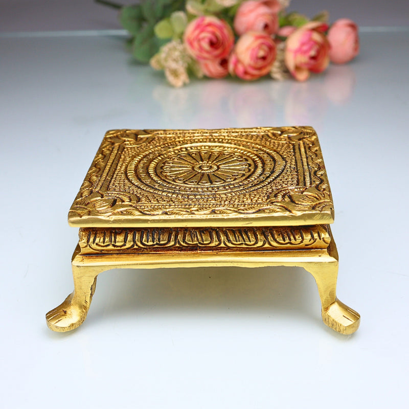 Brass Pooja Chowki – Handcrafted Peetha Singhasan for Deity | Traditional Peetal Bajot for Home Temple, Mandir, Kalash Stand, Pital Aasan Decor, Gold, 2 Inch, 1 Piece