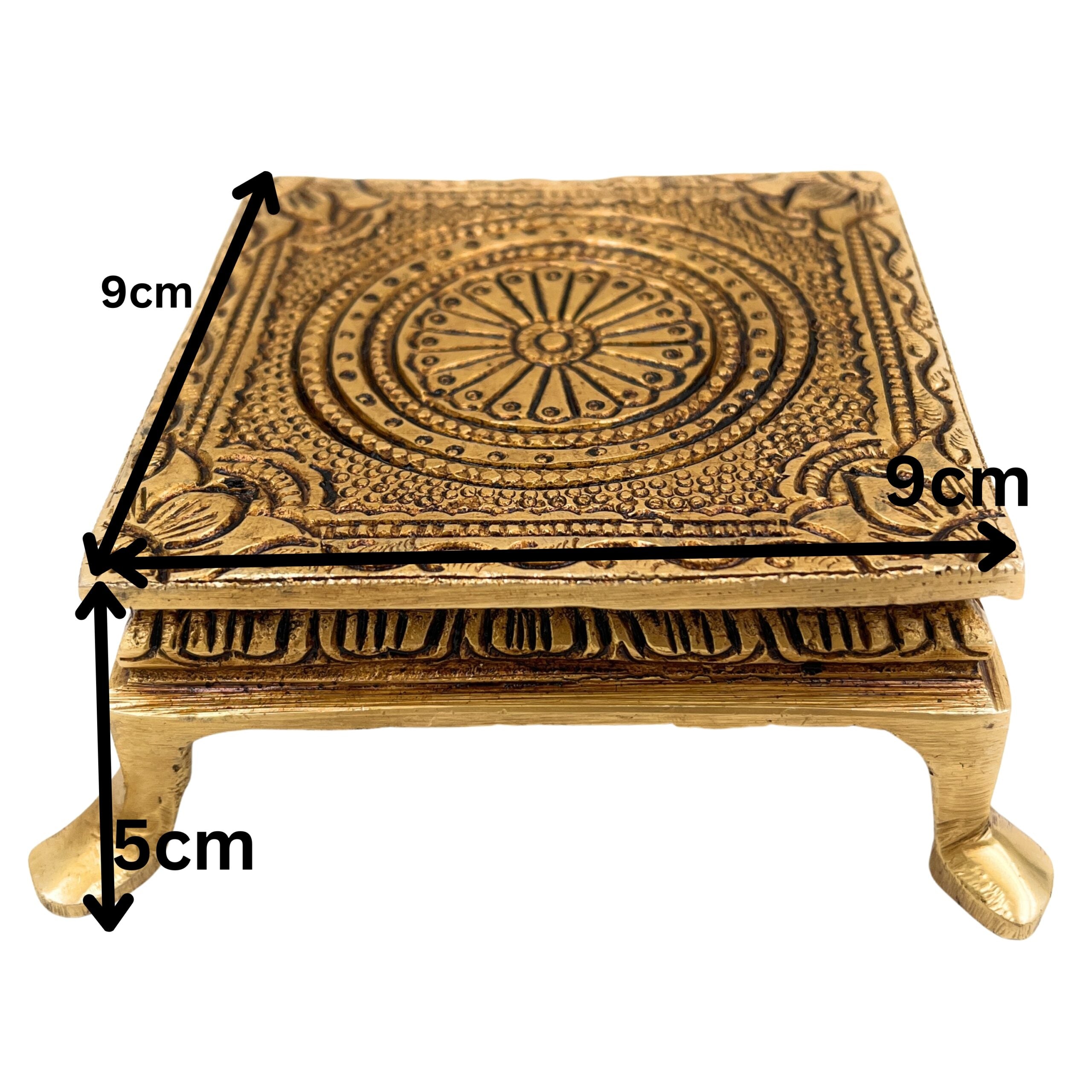Brass Pooja Chowki – Handcrafted Peetha Singhasan for Deity | Traditional Peetal Bajot for Home Temple, Mandir, Kalash Stand, Pital Aasan Decor, Gold, 2 Inch, 1 Piece