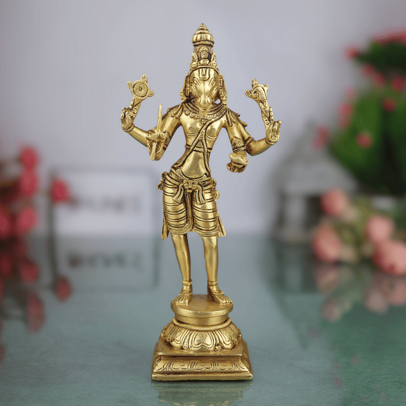 Brass Hayagriva Idol | Hayagreeva Murti Hayasirsa Veda Moorthy Vidya Varada Lakshmi Hayagriva Statue for Pooja, Temple, Home Decor & Gifts,Gold, 9 Inch, 1 Piece
