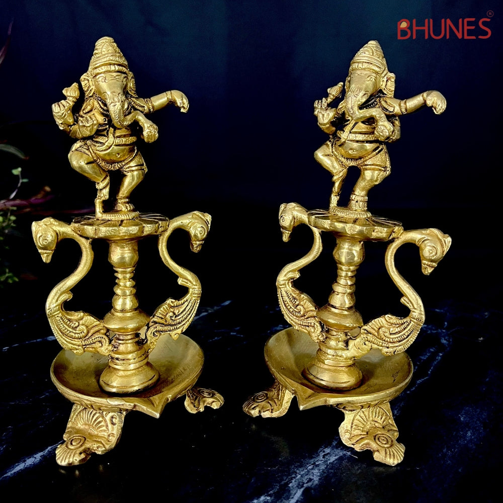 Handcrafted Brass Ganesh Diya Set, Vinayaka Deepam, Ganapati Oil Lamp, Pillaiyar Vilakku, Ganesha Idol for Pooja, Home Temple & Gift,Gold, 6.5 Inch, 1 Piece