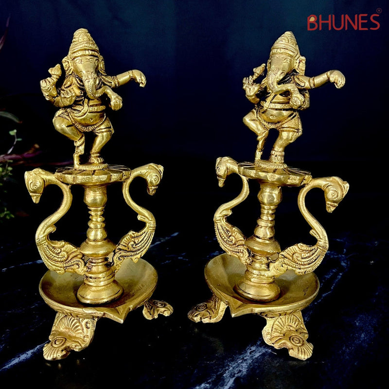 Handcrafted Brass Ganesh Diya Set, Vinayaka Deepam, Ganapati Oil Lamp, Pillaiyar Vilakku, Ganesha Idol for Pooja, Home Temple & Gift,Gold, 6.5 Inch, 1 Piece
