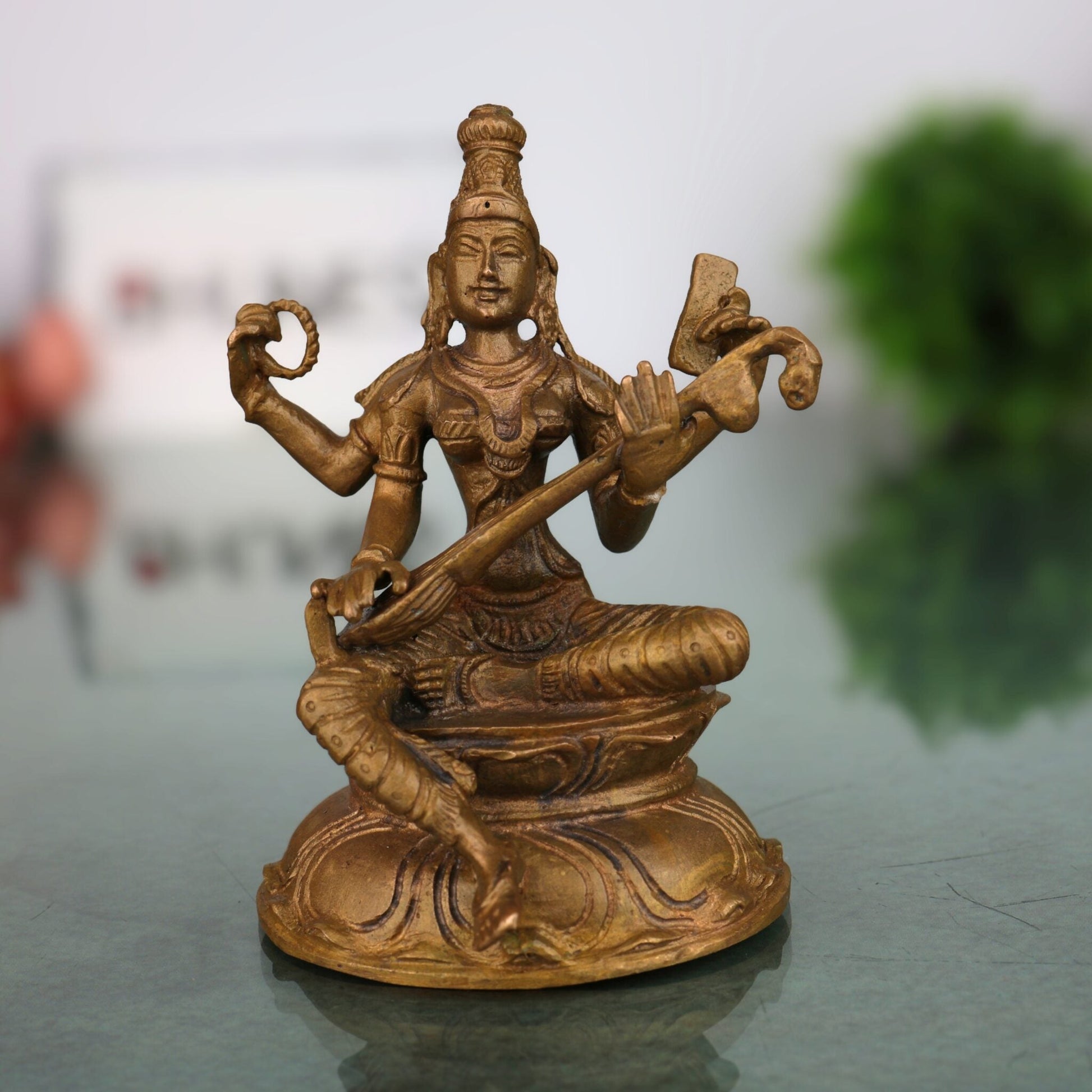 Handcrafted Bronze Saraswati Idol, Panchaloha Sharada Devi Veenavadini Murti, South Indian Chola Art Goddess Statue for Pooja & Home Decor, Brown, 3.5 Inch, 1 Piece