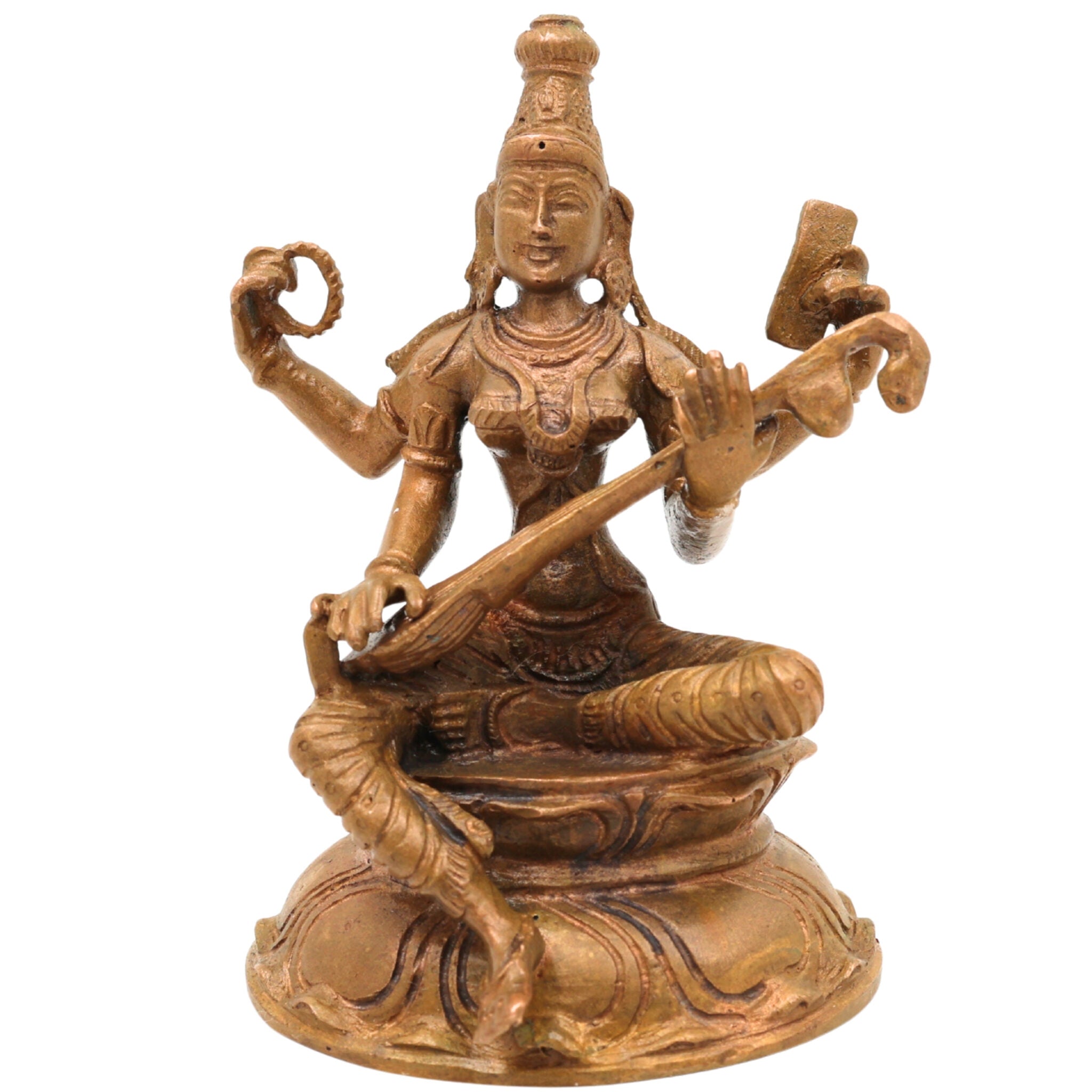 Handcrafted Bronze Saraswati Idol, Panchaloha Sharada Devi Veenavadini Murti, South Indian Chola Art Goddess Statue for Pooja & Home Decor, Brown, 3.5 Inch, 1 Piece