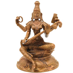 Handcrafted Bronze Saraswati Idol, Panchaloha Sharada Devi Veenavadini Murti, South Indian Chola Art Goddess Statue for Pooja & Home Decor, Brown, 3.5 Inch, 1 Piece