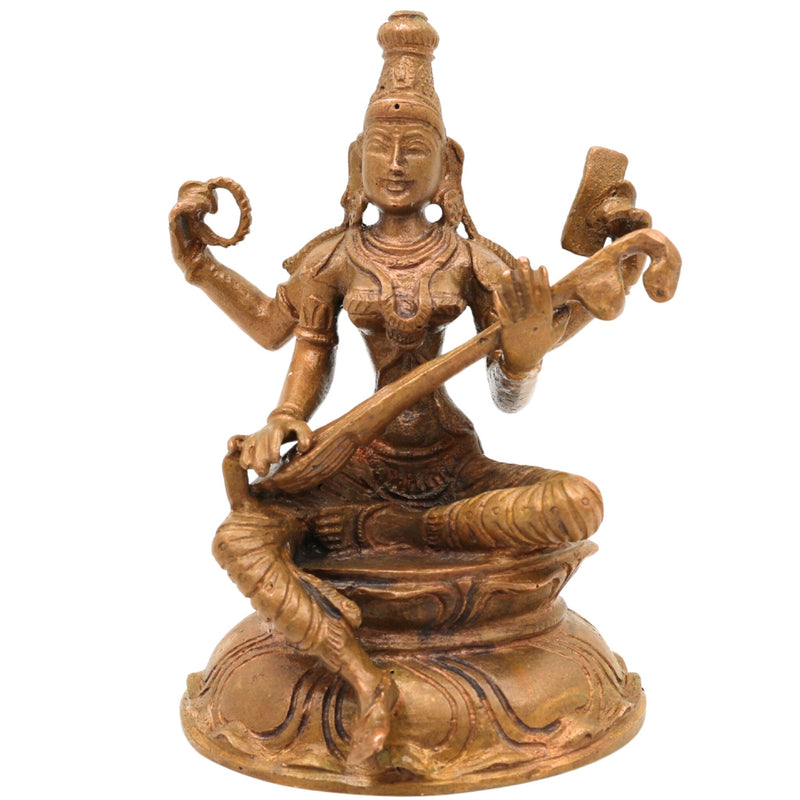 Handcrafted Bronze Saraswati Idol, Panchaloha Sharada Devi Veenavadini Murti, South Indian Chola Art Goddess Statue for Pooja & Home Decor, Brown, 3.5 Inch, 1 Piece