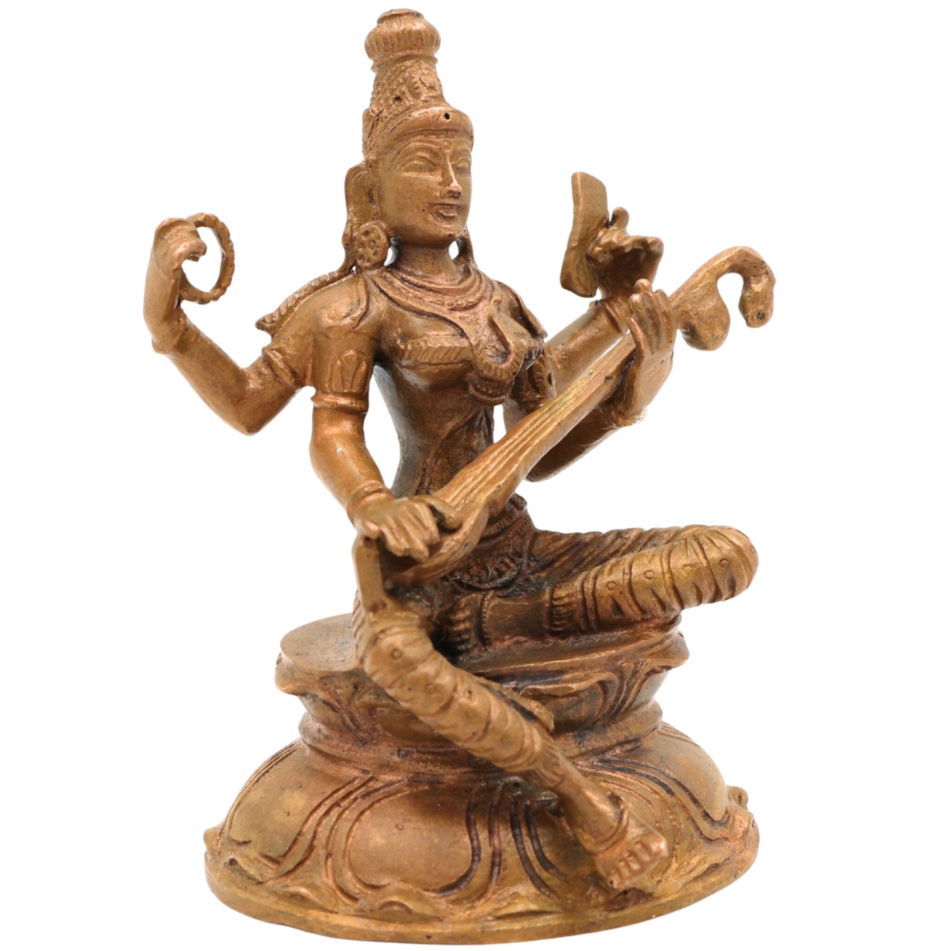 Handcrafted Bronze Saraswati Idol, Panchaloha Sharada Devi Veenavadini Murti, South Indian Chola Art Goddess Statue for Pooja & Home Decor, Brown, 3.5 Inch, 1 Piece
