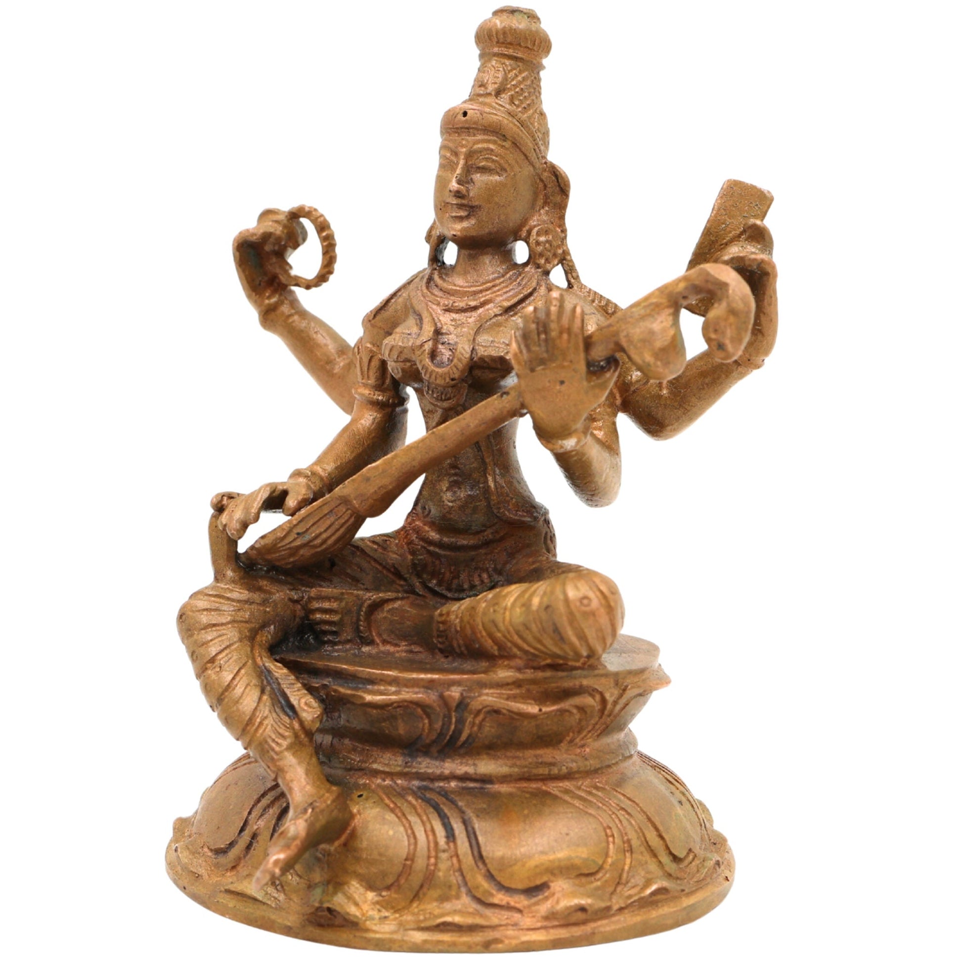 Handcrafted Bronze Saraswati Idol, Panchaloha Sharada Devi Veenavadini Murti, South Indian Chola Art Goddess Statue for Pooja & Home Decor, Brown, 3.5 Inch, 1 Piece