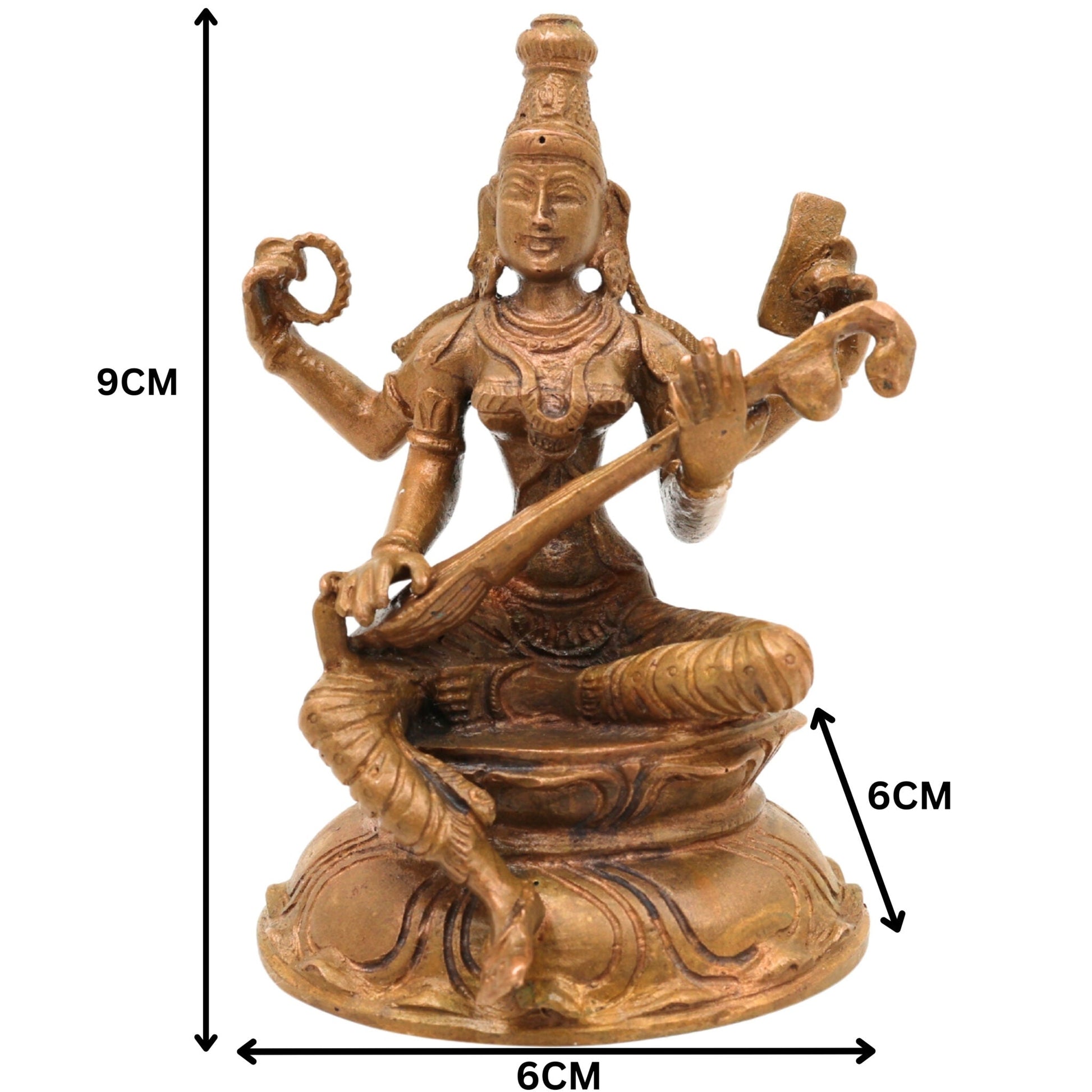 Handcrafted Bronze Saraswati Idol, Panchaloha Sharada Devi Veenavadini Murti, South Indian Chola Art Goddess Statue for Pooja & Home Decor, Brown, 3.5 Inch, 1 Piece