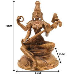 Handcrafted Bronze Saraswati Idol, Panchaloha Sharada Devi Veenavadini Murti, South Indian Chola Art Goddess Statue for Pooja & Home Decor, Brown, 3.5 Inch, 1 Piece