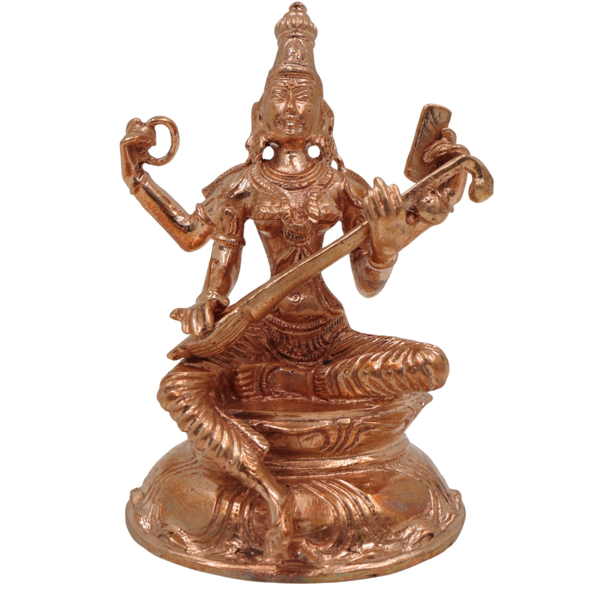 Handcrafted Panchaloha Bronze Saraswati Idol, Sharada, Vani, Vidya Mata Statue for Home, Temple & Office Decor, Spiritual Goddess of Knowledge, Music & Wisdom,Gold, 3.5 Inch, 1 Piece