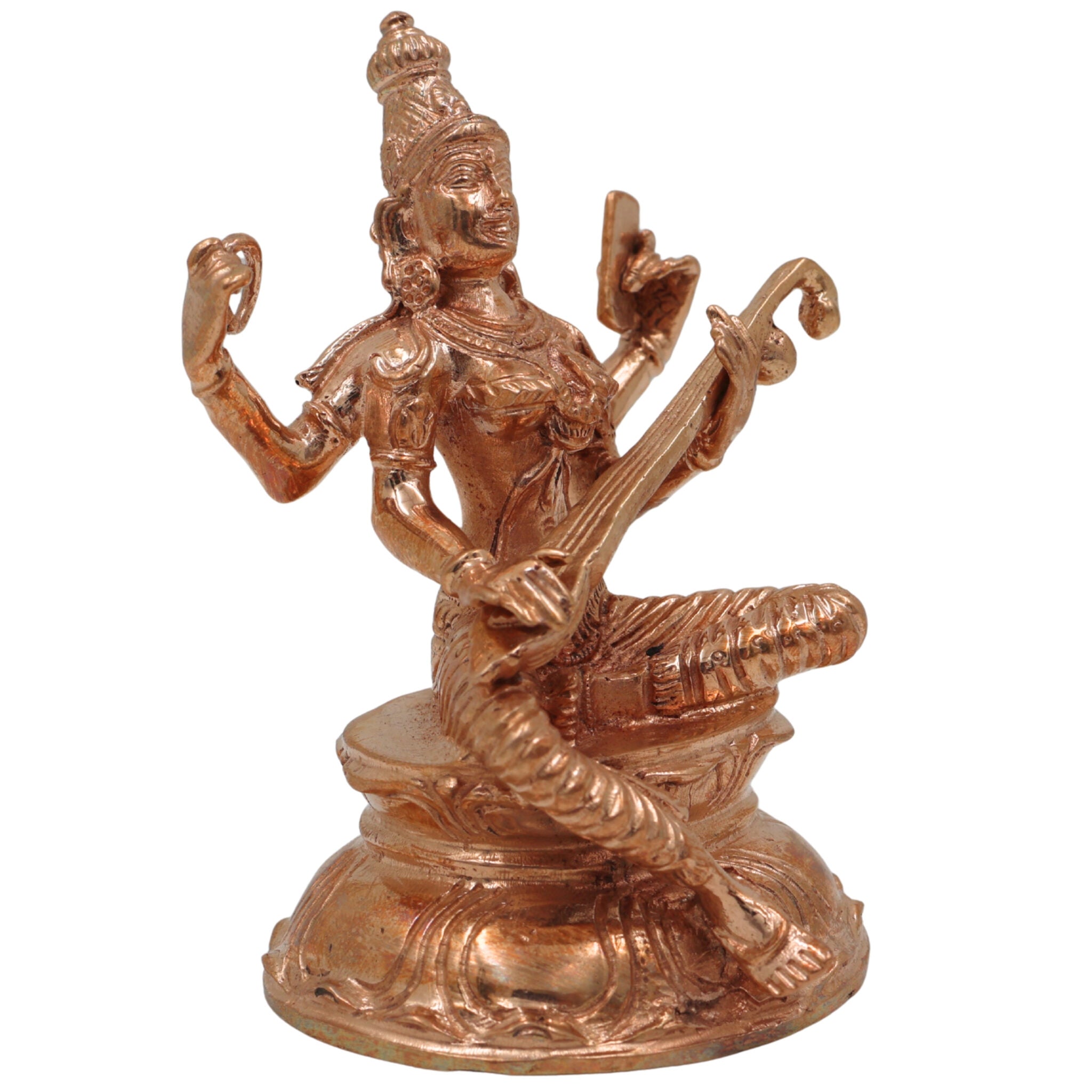 Handcrafted Panchaloha Bronze Saraswati Idol, Sharada, Vani, Vidya Mata Statue for Home, Temple & Office Decor, Spiritual Goddess of Knowledge, Music & Wisdom,Gold, 3.5 Inch, 1 Piece