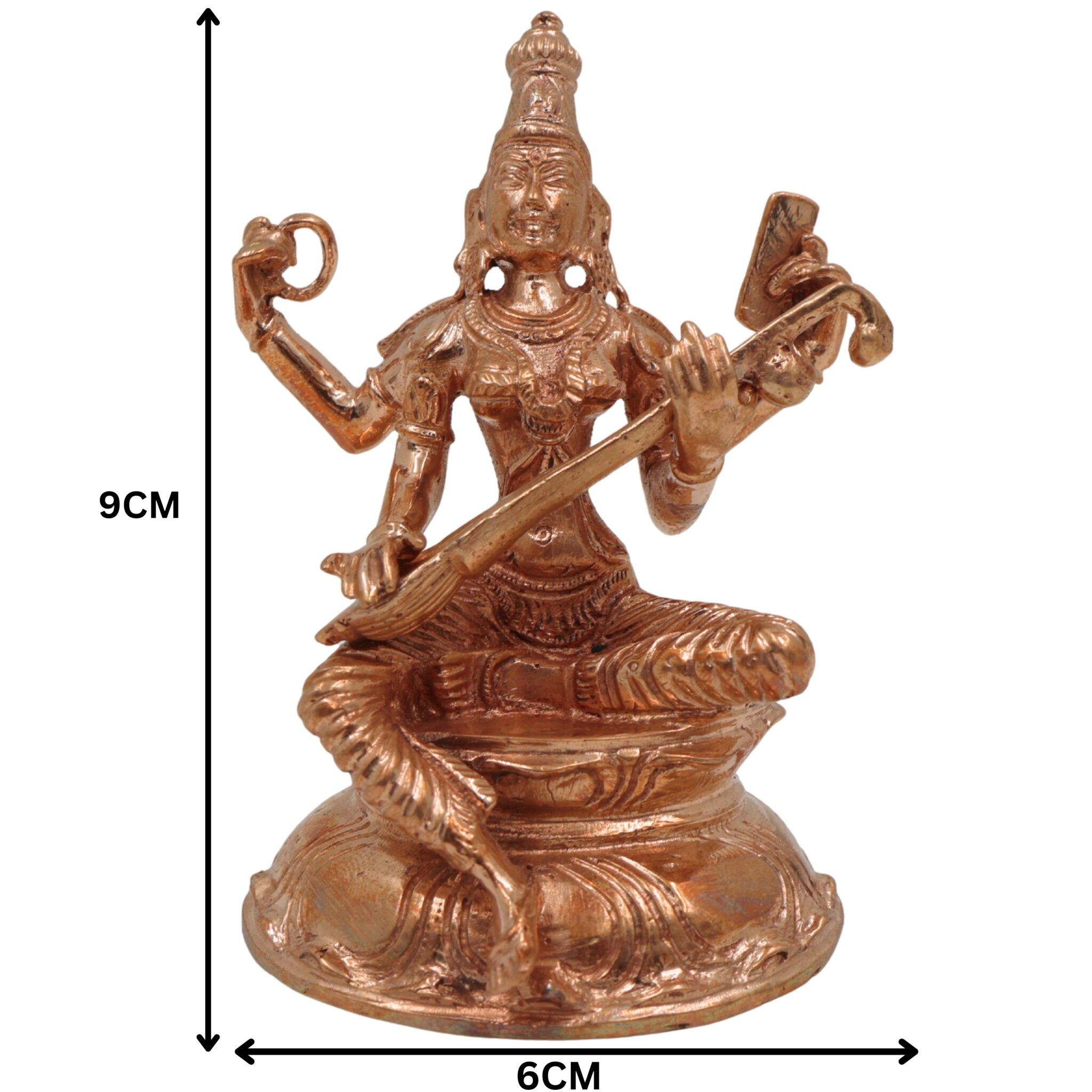 Handcrafted Panchaloha Bronze Saraswati Idol, Sharada, Vani, Vidya Mata Statue for Home, Temple & Office Decor, Spiritual Goddess of Knowledge, Music & Wisdom,Gold, 3.5 Inch, 1 Piece
