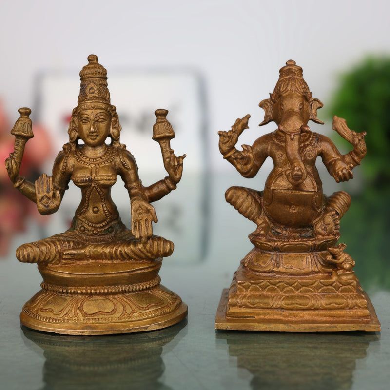 Panchaloha Ganesha Lakshmi Idol, Bronze Vinayaka Laxmi Murti, Handmade Chola Art Statue for Puja & Home Decor, Brown, 3 Inch, 2 Piece