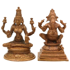 Panchaloha Ganesha Lakshmi Idol, Bronze Vinayaka Laxmi Murti, Handmade Chola Art Statue for Puja & Home Decor, Brown, 3 Inch, 2 Piece