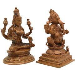 Panchaloha Ganesha Lakshmi Idol, Bronze Vinayaka Laxmi Murti, Handmade Chola Art Statue for Puja & Home Decor, Brown, 3 Inch, 2 Piece