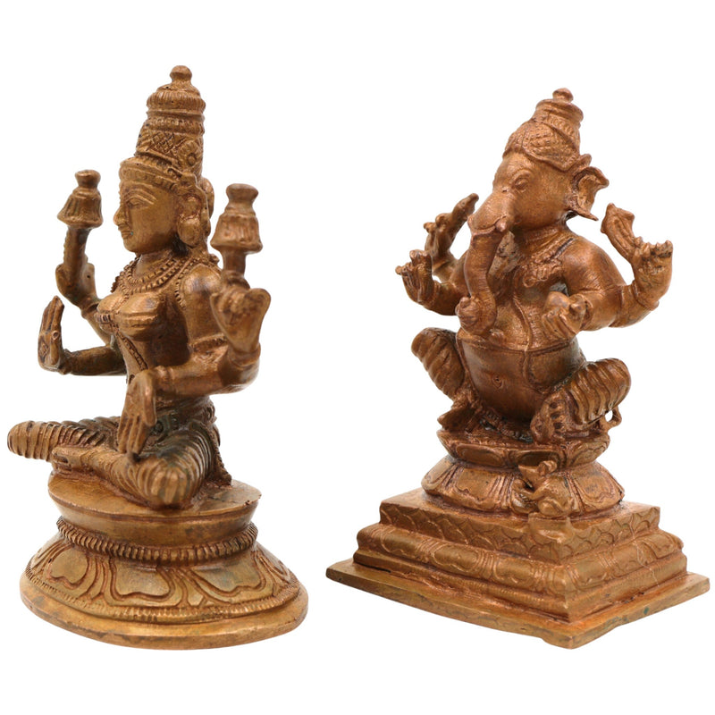 Panchaloha Ganesha Lakshmi Idol, Bronze Vinayaka Laxmi Murti, Handmade Chola Art Statue for Puja & Home Decor, Brown, 3 Inch, 2 Piece
