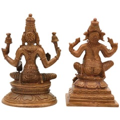 Panchaloha Ganesha Lakshmi Idol, Bronze Vinayaka Laxmi Murti, Handmade Chola Art Statue for Puja & Home Decor, Brown, 3 Inch, 2 Piece