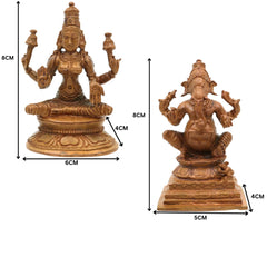 Panchaloha Ganesha Lakshmi Idol, Bronze Vinayaka Laxmi Murti, Handmade Chola Art Statue for Puja & Home Decor, Brown, 3 Inch, 2 Piece