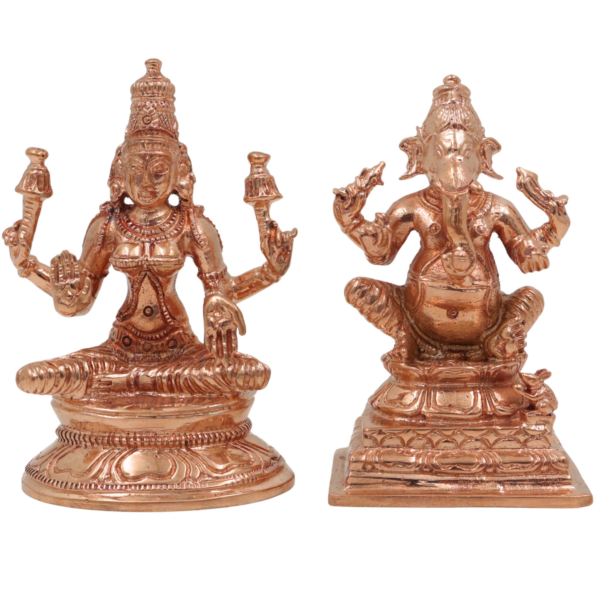 Bronze Panchaloha Lakshmi Ganesha Idol, Mahalakshmi Ganapati Vinayaka Murti for Pooja, Temple & Home Decor, Gold, 3 Inch, 2 Piece
