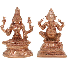 Bronze Panchaloha Lakshmi Ganesha Idol, Mahalakshmi Ganapati Vinayaka Murti for Pooja, Temple & Home Decor, Gold, 3 Inch, 2 Piece