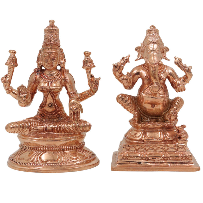 Bronze Panchaloha Lakshmi Ganesha Idol, Mahalakshmi Ganapati Vinayaka Murti for Pooja, Temple & Home Decor, Gold, 3 Inch, 2 Piece
