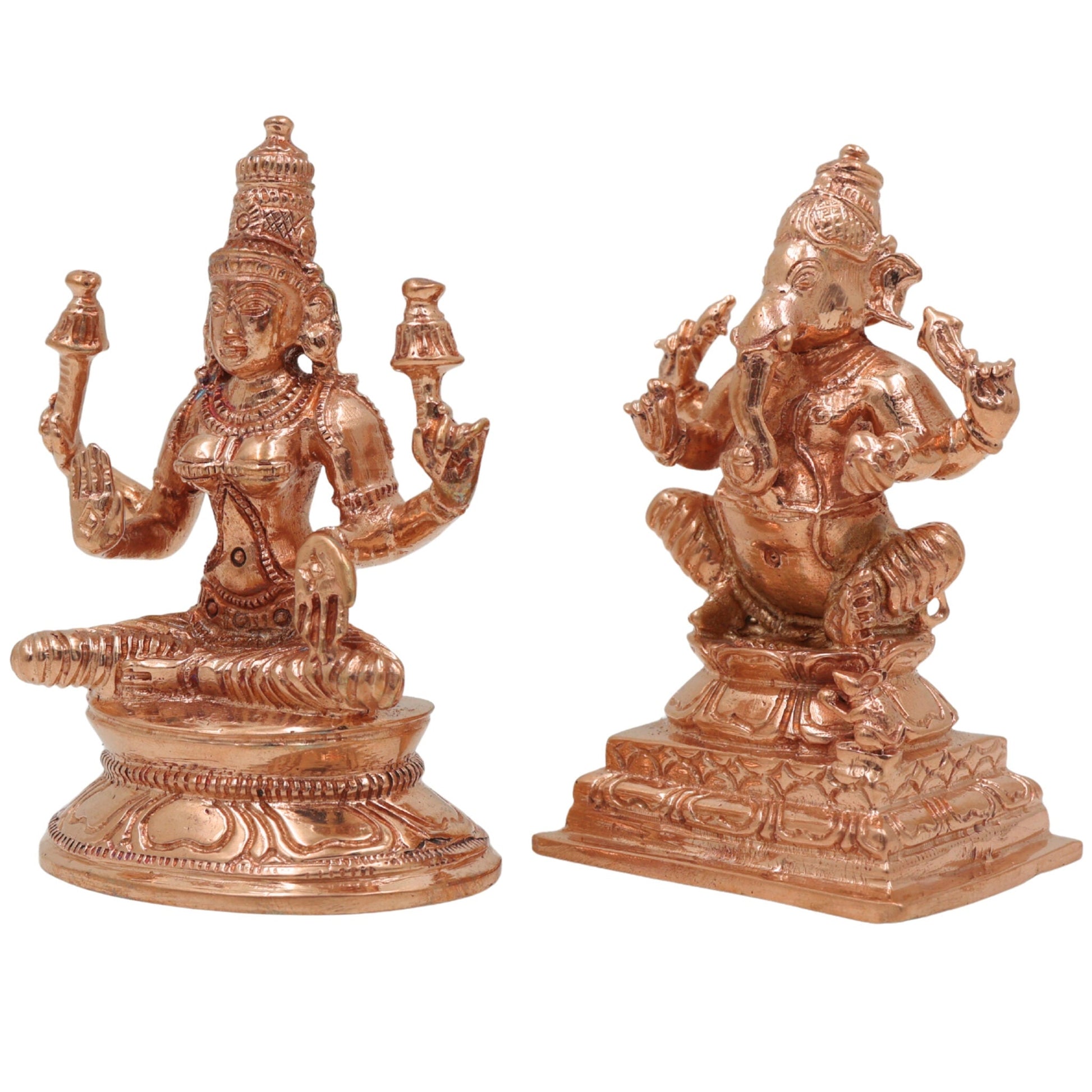 Bronze Panchaloha Lakshmi Ganesha Idol, Mahalakshmi Ganapati Vinayaka Murti for Pooja, Temple & Home Decor, Gold, 3 Inch, 2 Piece