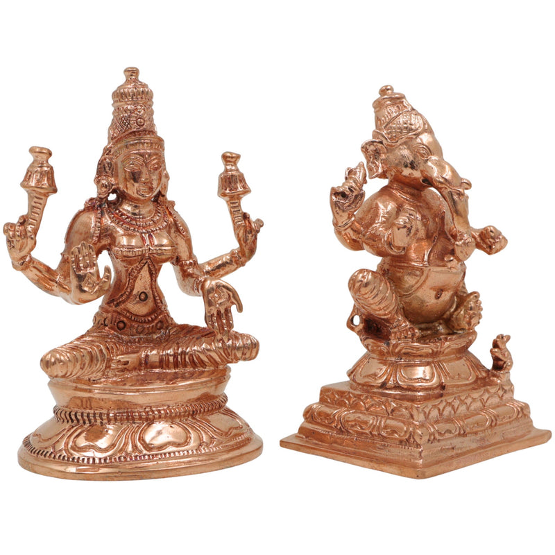Bronze Panchaloha Lakshmi Ganesha Idol, Mahalakshmi Ganapati Vinayaka Murti for Pooja, Temple & Home Decor, Gold, 3 Inch, 2 Piece