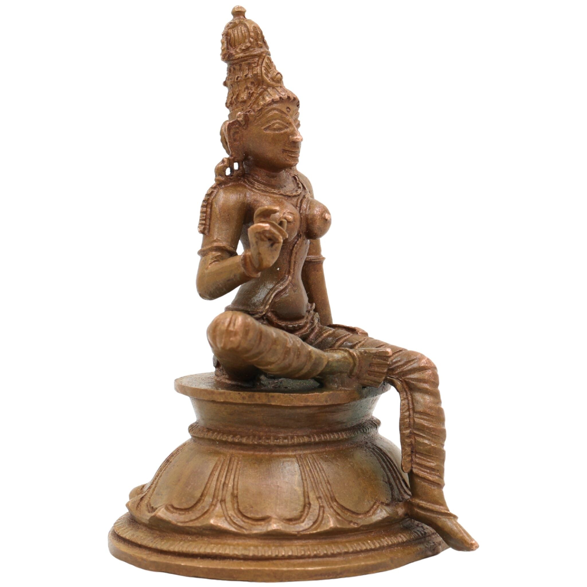 Bronze Parvati Devi Idol Uma Gowri Lalitha Annapurna Durga Tripura Sundari Panchaloha Handmade Chola Art Hindu Goddess Sculpture, Brown, 4 Inch, 1 Piece