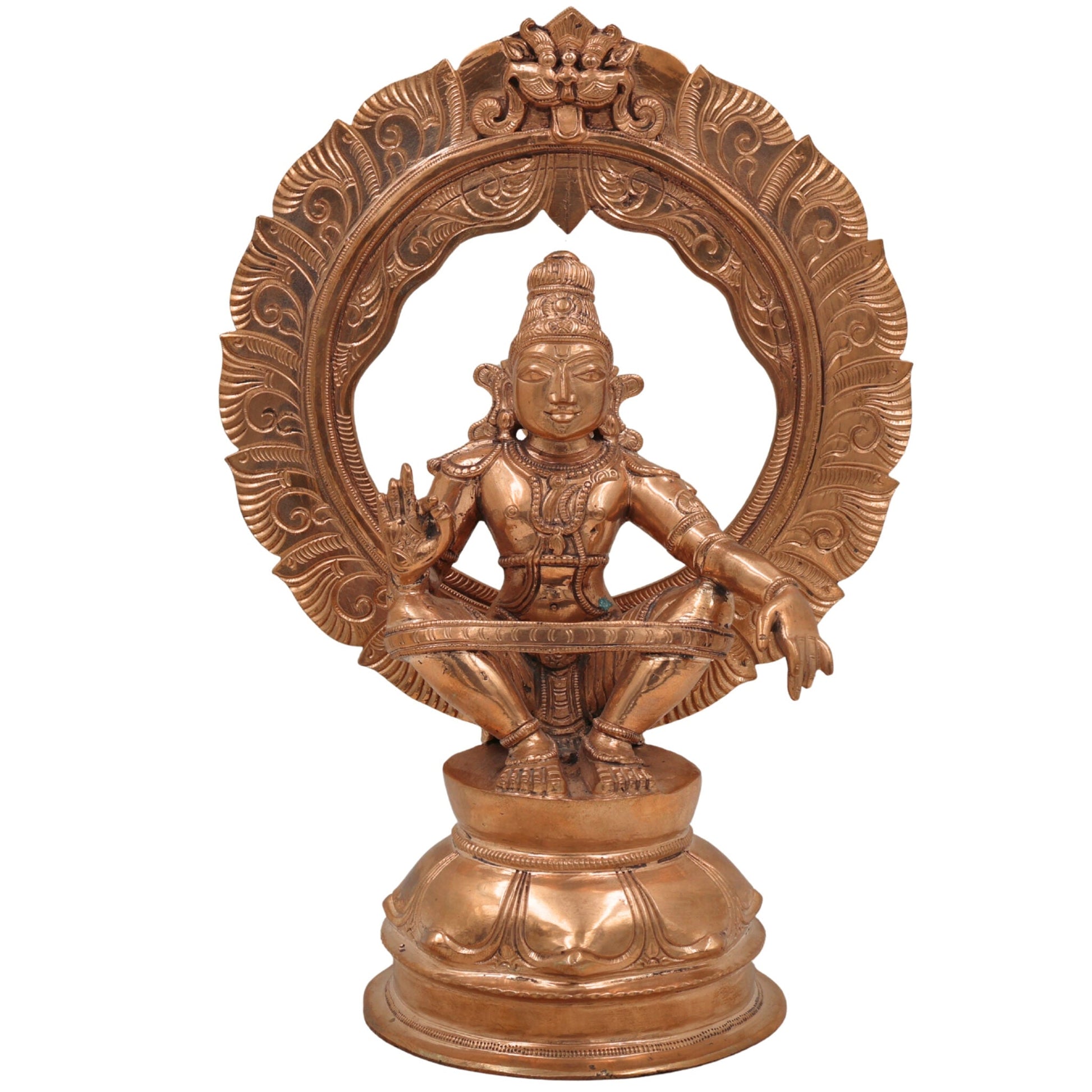 Swami Ayyappa Idol in Panchaloha Bronze – Handcrafted Manikanta Sastha Hariharaputra Murti with Prabhavali for Temple & Home Decor,Gold, 10.5 Inch, 1 Piece