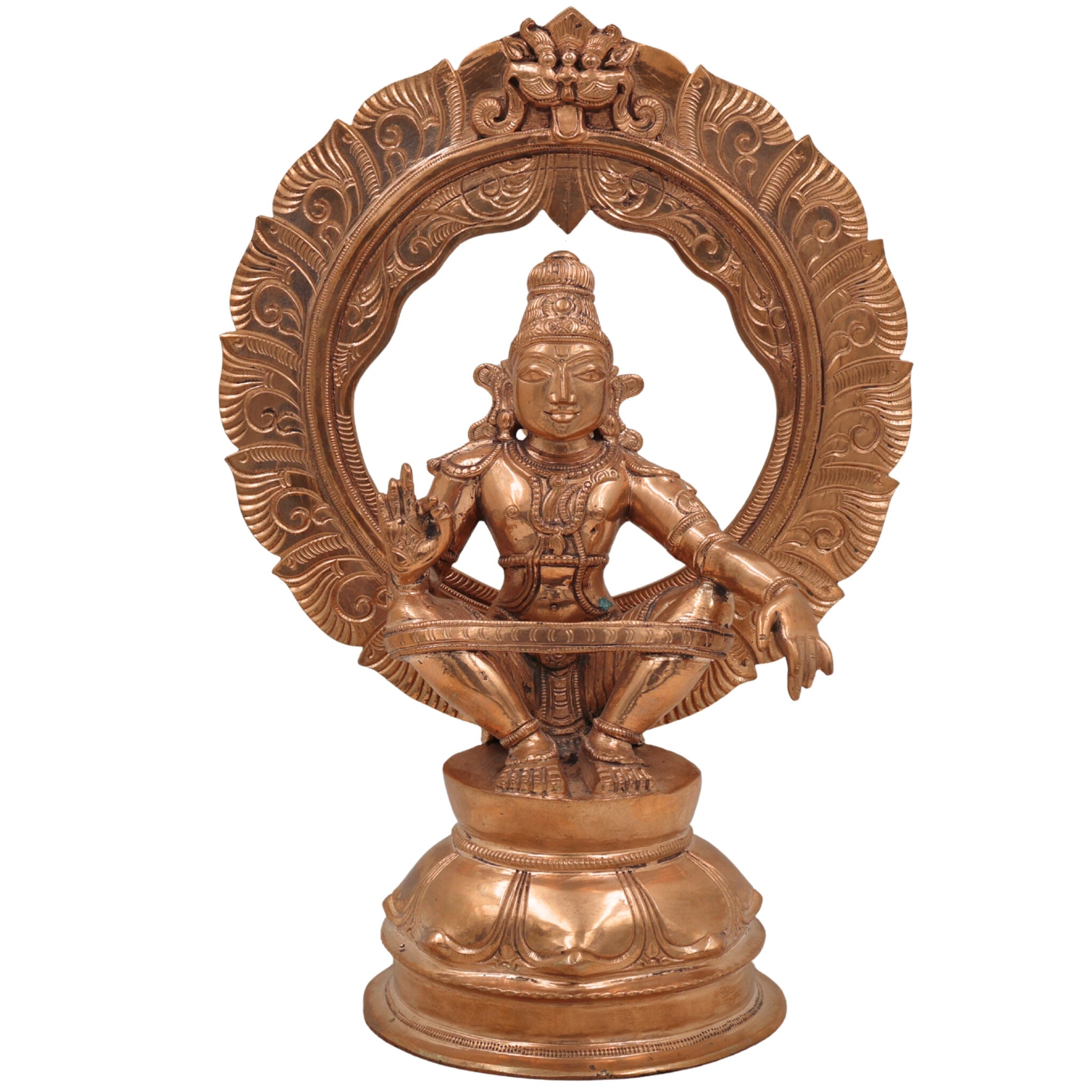 Swami Ayyappa Idol in Panchaloha Bronze – Handcrafted Manikanta Sastha Hariharaputra Murti with Prabhavali for Temple & Home Decor,Gold, 10.5 Inch, 1 Piece