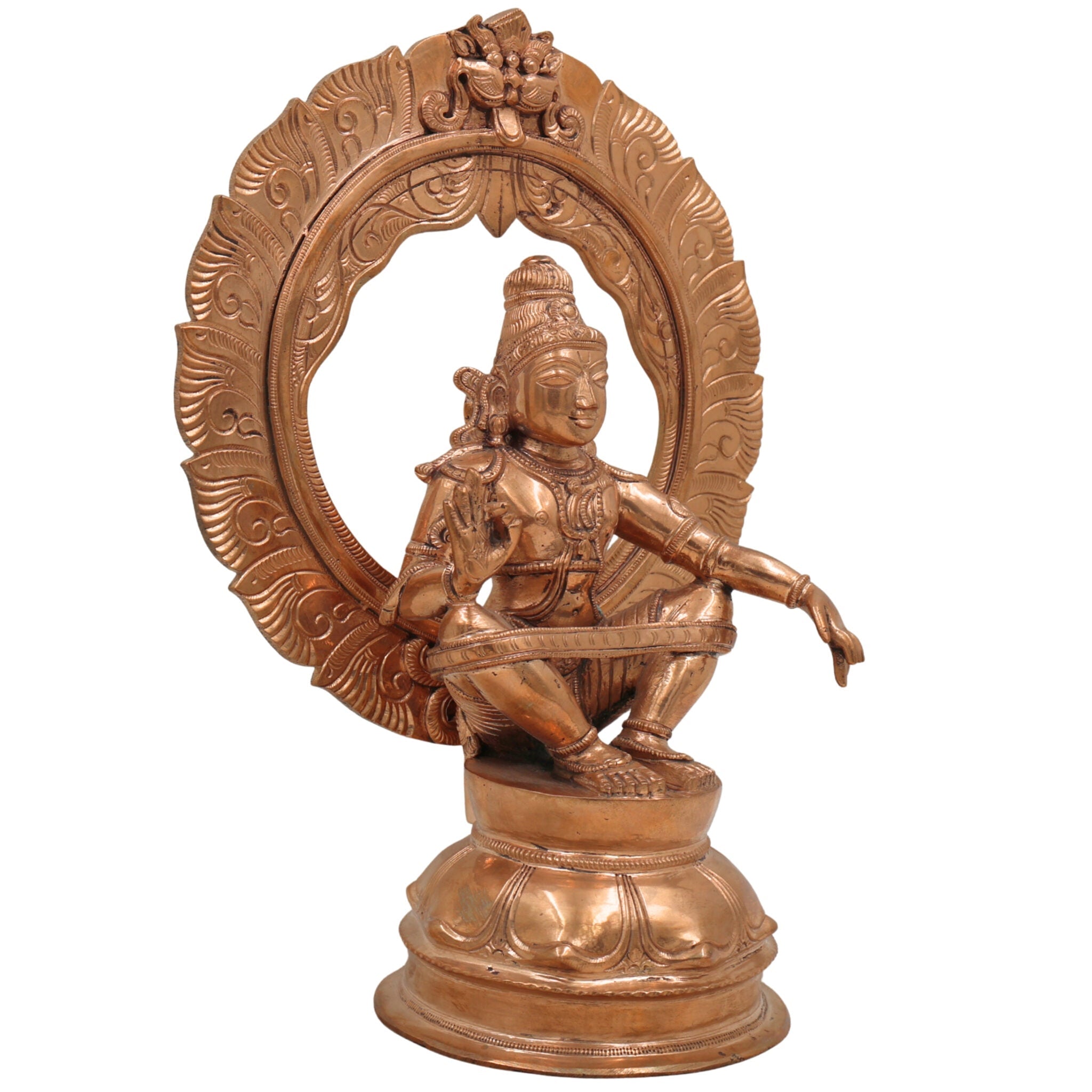 Swami Ayyappa Idol in Panchaloha Bronze – Handcrafted Manikanta Sastha Hariharaputra Murti with Prabhavali for Temple & Home Decor,Gold, 10.5 Inch, 1 Piece