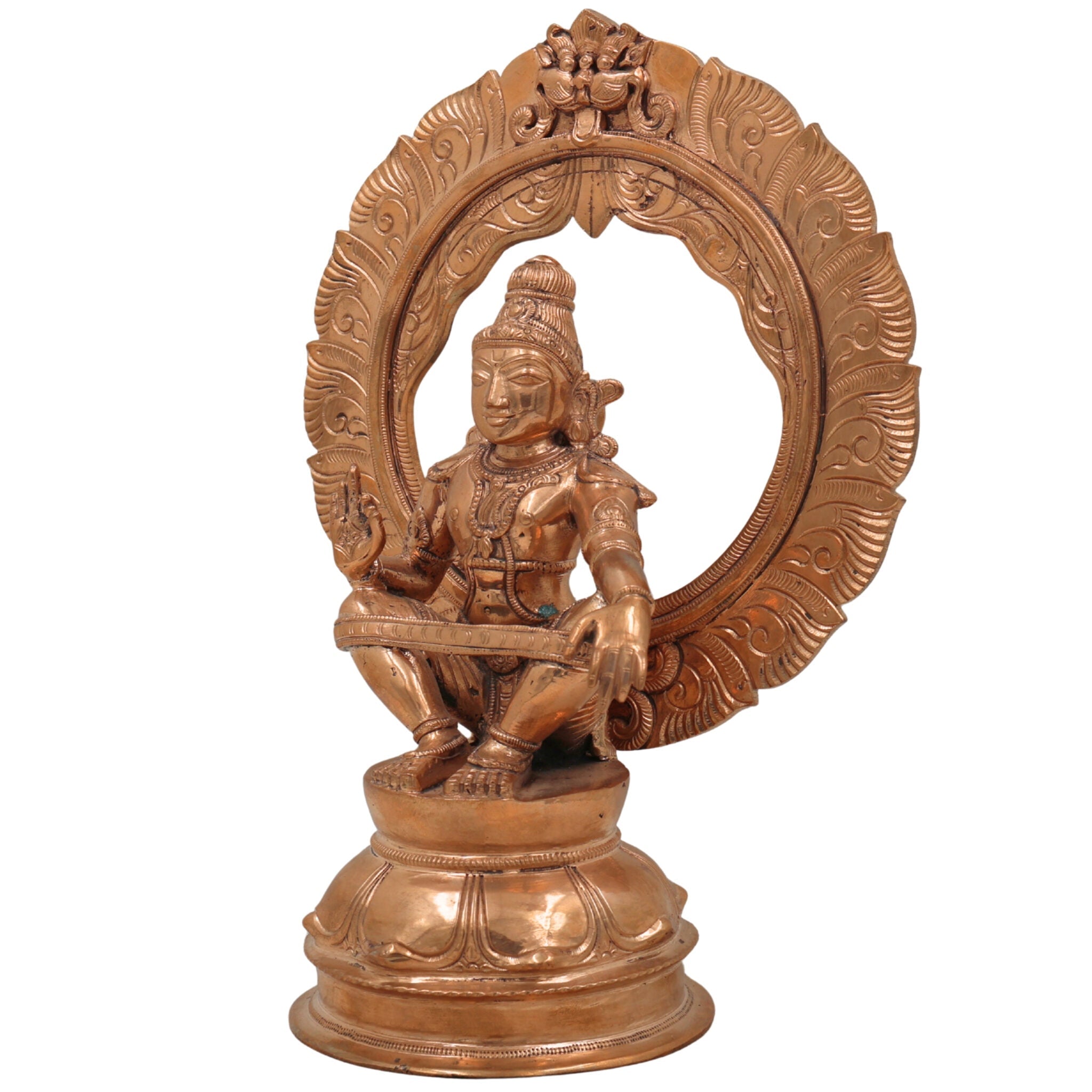 Swami Ayyappa Idol in Panchaloha Bronze – Handcrafted Manikanta Sastha Hariharaputra Murti with Prabhavali for Temple & Home Decor,Gold, 10.5 Inch, 1 Piece