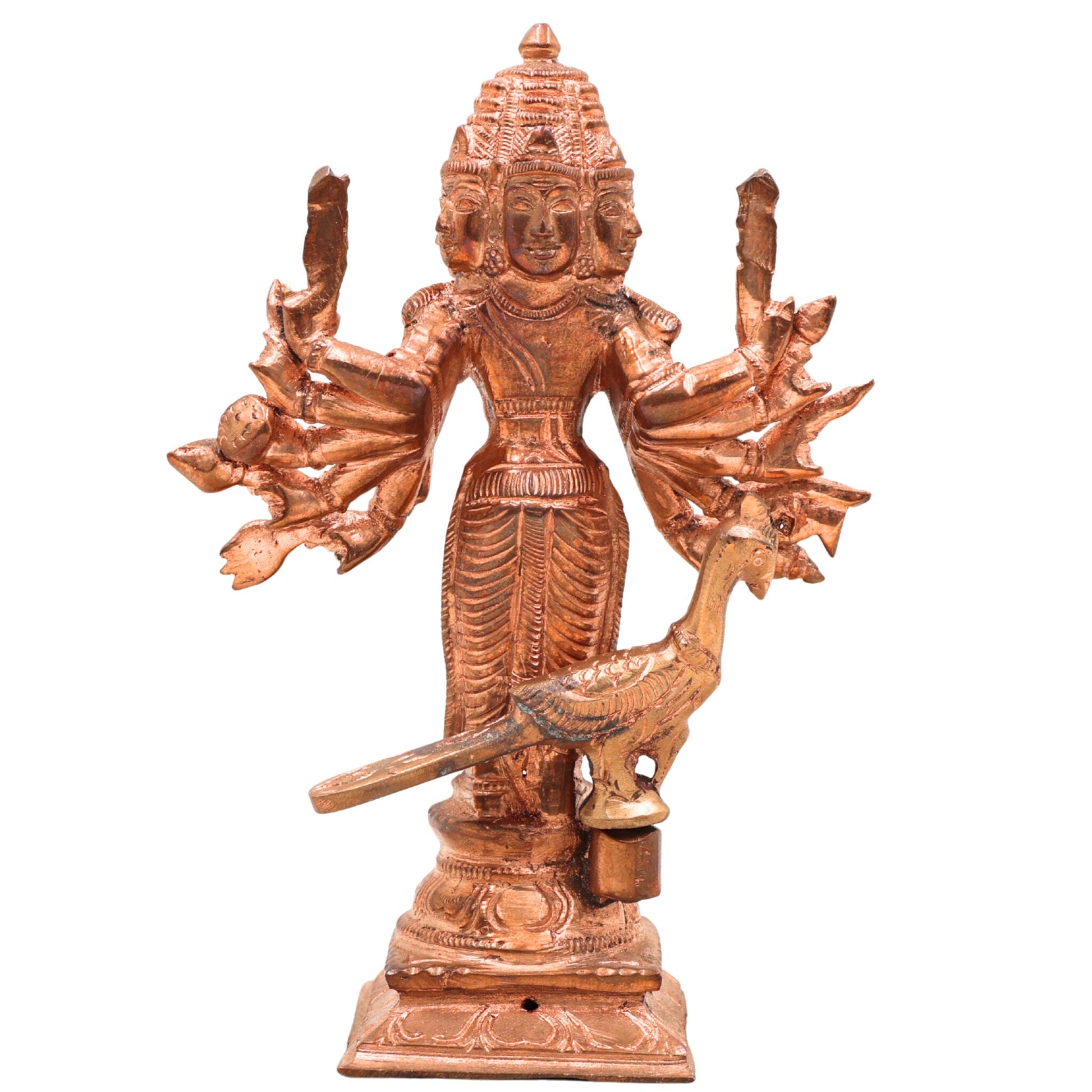 Handcrafted Panchamukhi Murugan Idol in Pure Copper – Shanmukha | Arumugan | Subramanya | Karthikeya | Skanda Sculpture for Home & Temple,Gold, 6 Inch, 1 Piece