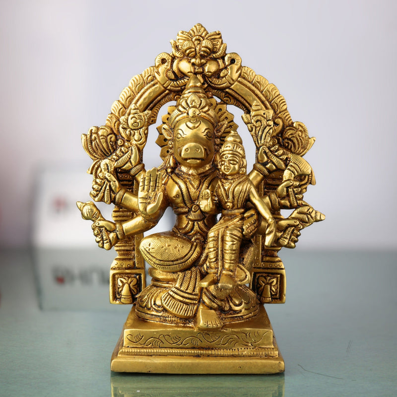 Brass Varaha Lakshmi Idol, Varaha Swamy with Bhudevi Statue | Varaha Lakshmi Ji Murti for Home Decor Gold, 7.5 Inch, 1 Piece