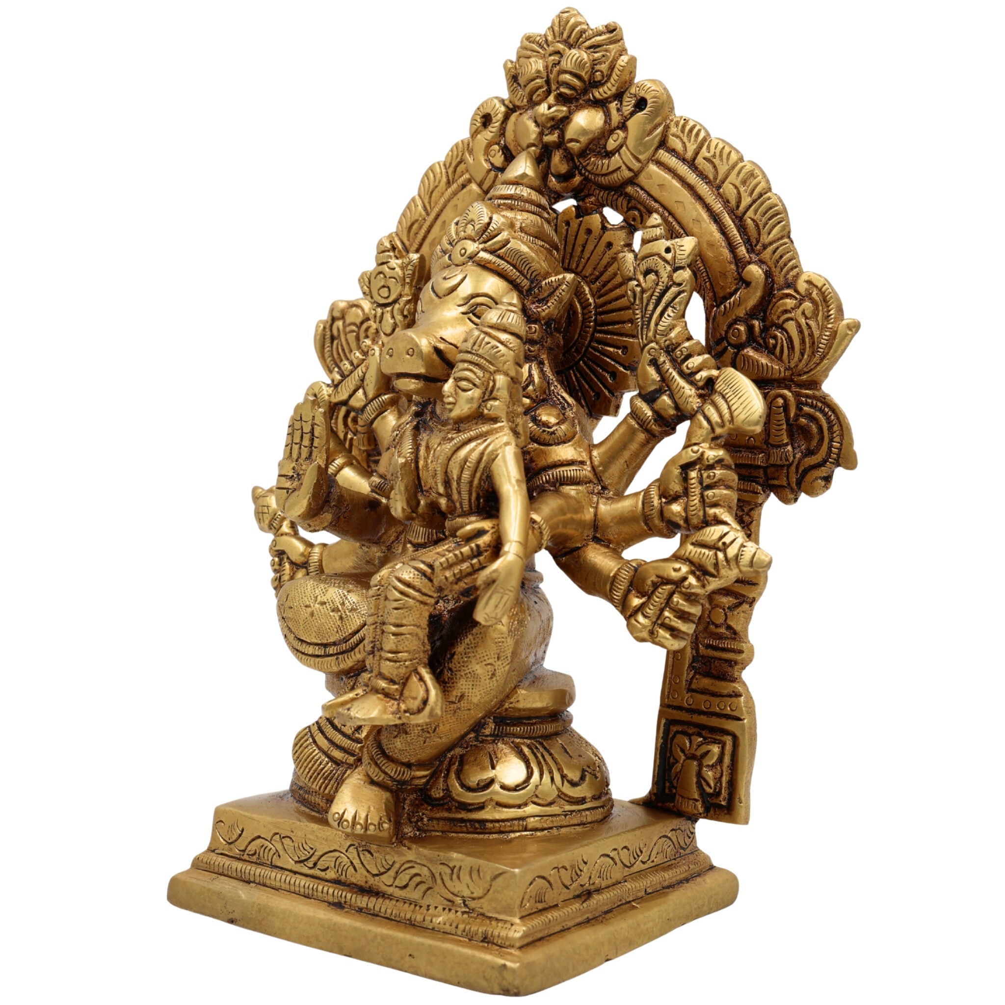Brass Varaha Lakshmi Idol, Varaha Swamy with Bhudevi Statue | Varaha Lakshmi Ji Murti for Home Decor Gold, 7.5 Inch, 1 Piece